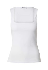 Weißes Tanktop aus glattem Stoff, mit einem quadratischen Ausschnitt und figurbetontem Schnitt. Saubere Linien ohne Verzierungen.