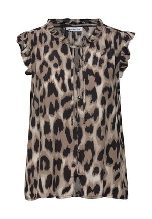 Ærmeløs leopardprint-bluse med rynkede korte ærmer, frontknaplukning og bånddetalje ved halsudskæringen.