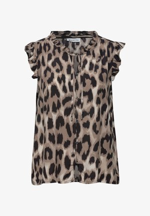 Mouwloze blouse met luipaardprint, pofmouwtjes met ruches, knoopsluiting aan de voorkant en een strikdetail bij de hals.