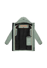 Podložena jakna v svetli mint zeleni barvi z notranjostjo v črni barvi. Ima kapuco, oranžne detajle in več notranjih žepov. Zapiranje z zadrgo.