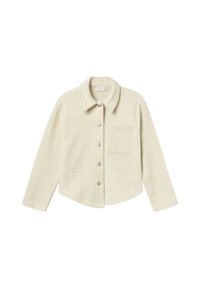 Chaqueta abotonada de color crema claro con tejido texturizado, cuello con solapa y un bolsillo en el pecho. Incluye botones en tono plateado y un dobladillo curvado.