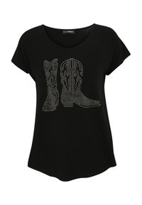 Black short-sleeve shirt with silver studs forming a design of two cowboy boots on the front.