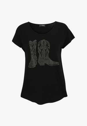 Schwarzes Kurzarmhemd mit silbernen Nieten, die ein Design von zwei Cowboystiefeln auf der Vorderseite bilden.