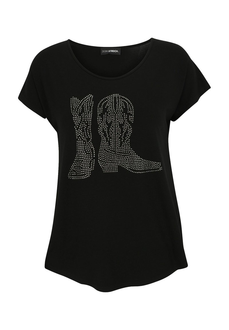 Black short-sleeve shirt with silver studs forming a design of two cowboy boots on the front.