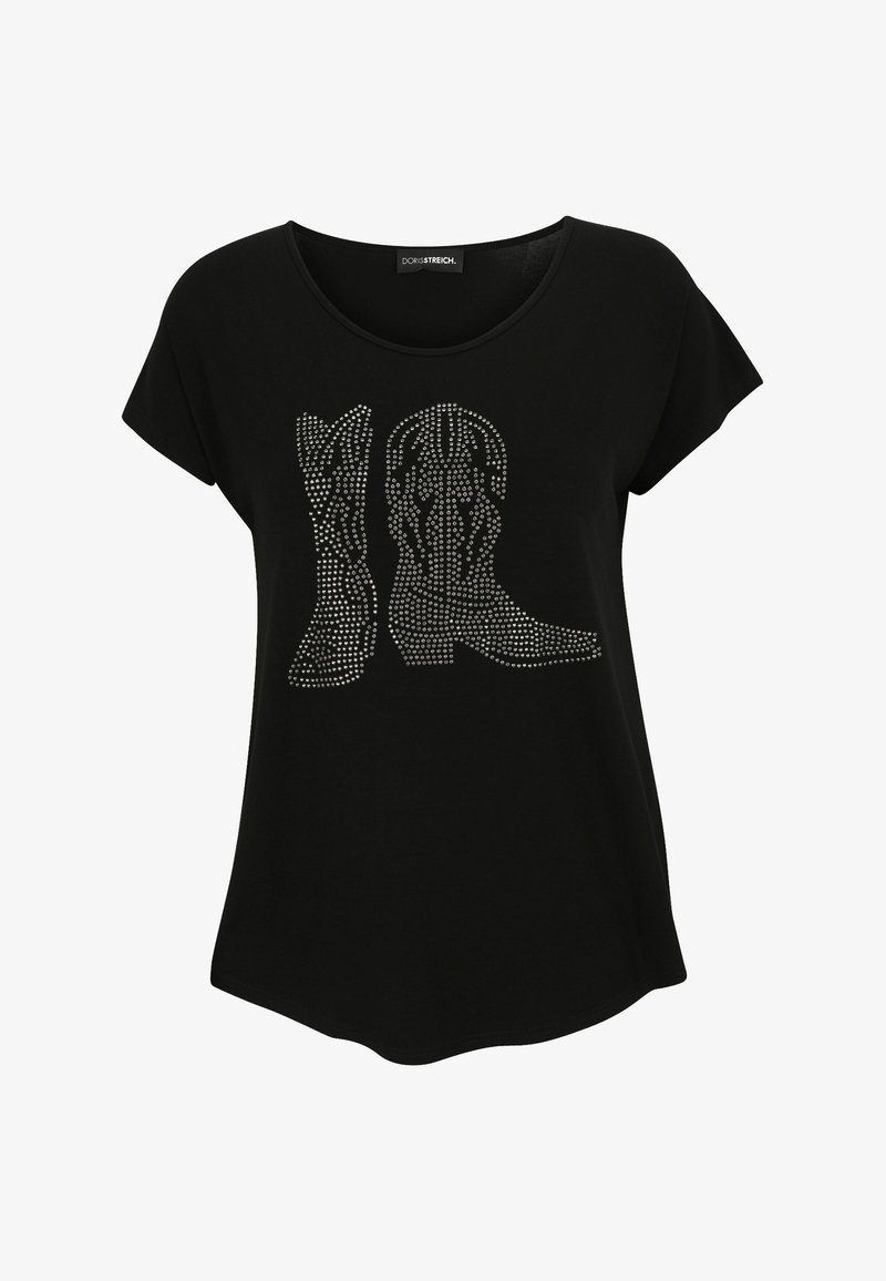 Black short-sleeve shirt with silver studs forming a design of two cowboy boots on the front.
