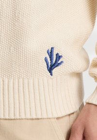 Cream knitted sweater with a ribbed hem and a blue coral pattern embroidered on the front left. Soft texture, casual design.