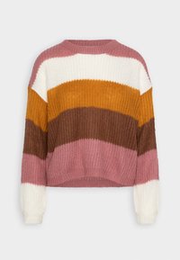 Maglione lavorato a maglia con strisce orizzontali in rosa, bianco, senape, marrone e marrone scuro. Design corto con texture a coste e maniche.