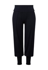 Pantalones negros recortados con una cinturilla elástica ancha, textura fruncida y tobillos ajustados. Fabricados en un tejido suave y elástico.