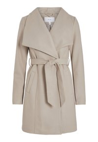 Beige ullblandad kappa med bred krage, bälte i midjan och sidofickor. Har en mjuk textur och skräddarsydd silhuett.