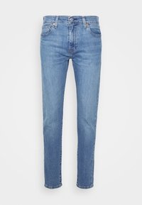 Light blue denim jeans with a straight-leg cut, standard five-pocket design, and a simple button and zipper closure.
