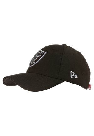 Black baseball cap with NFL Raiders logo on front and New Era logo embroidered on side.