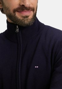 Homme barbu portant un pull zippé bleu marine avec un petit logo rose brodé sur la poitrine gauche, souriant légèrement.
