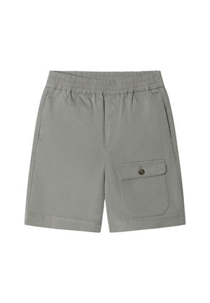 Gray elastic waist shorts with a buttoned flap pocket on the right side and two side pockets.