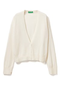 Krémový cardigan z měkké látky, s hlubokým výstřihem do V, dlouhými rukávy a žebrovaným lemem s pěti knoflíky vpředu.