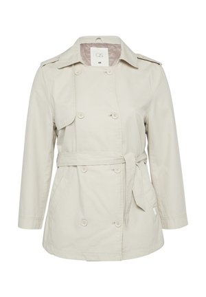 Beige Doppelreiher-Trenchcoat mit Gürtel, geknöpften Schulterriemen, Fronttaschen und Reverskragen, Größe 44.