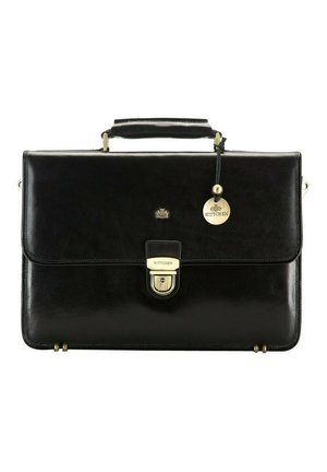 Black leather briefcase with a structured shape and a top handle. Features a gold-toned clasp, hardware accents, and a brand tag.