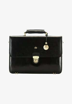 Black leather briefcase with a structured shape and a top handle. Features a gold-toned clasp, hardware accents, and a brand tag.