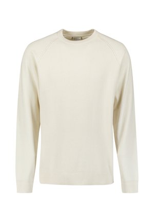 Cream knit sweater with long sleeves, ribbed texture, round neckline, and slight raglan sleeves. No visible patterns or hardware details.