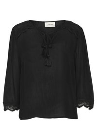 Svart blus i lättviktig tyg, med rund halsringning, band med tofsar och spetsdetaljer på ärmarna och i nederkant.