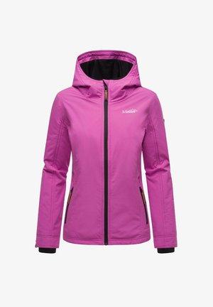 Roze geïsoleerde jas met een capuchon, voorzien van een ritssluiting aan de voorkant, zwarte accenten en twee ritszakken aan de zijkant. Glad textuur met een strak ontwerp.