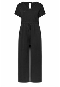 Mono negro con escote en V y mangas cortas, que cuenta con un detalle en la espalda con forma de ojal, cintura ajustable con cordón y pantalones anchos y holgados.