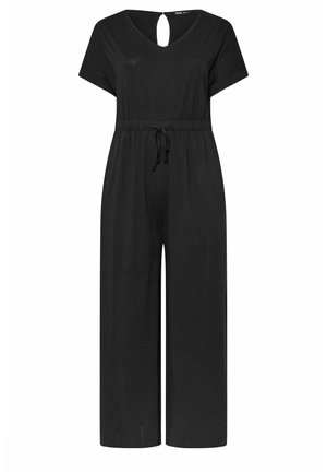 Zwarte jumpsuit met een V-hals en korte mouwen, voorzien van een keyhole achterkant, verstelbare trekkoord in de taille en losse, wijde broekspijpen.