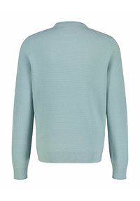 Light blue knit sweater featuring a textured weave, round neckline, and ribbed cuffs and hem. Smooth finish, casual fit, back view shown.