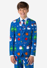 Zils uzvalks ar visā pārklājošu svētku rakstu, kurā ir Ziemassvētku eglītes, sniegavīri, ziemeļbrieži un rotājumi. Ietver atbilstošu kaklasaiti un pogas.