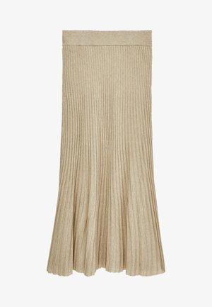 Jupe plissée beige en tricot avec une large ceinture, présentant une texture côtelée verticale, un ourlet évasé et une finition lisse.