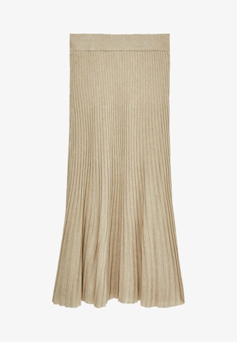 Jupe plissée beige en tricot avec une large ceinture, présentant une texture côtelée verticale, un ourlet évasé et une finition lisse.