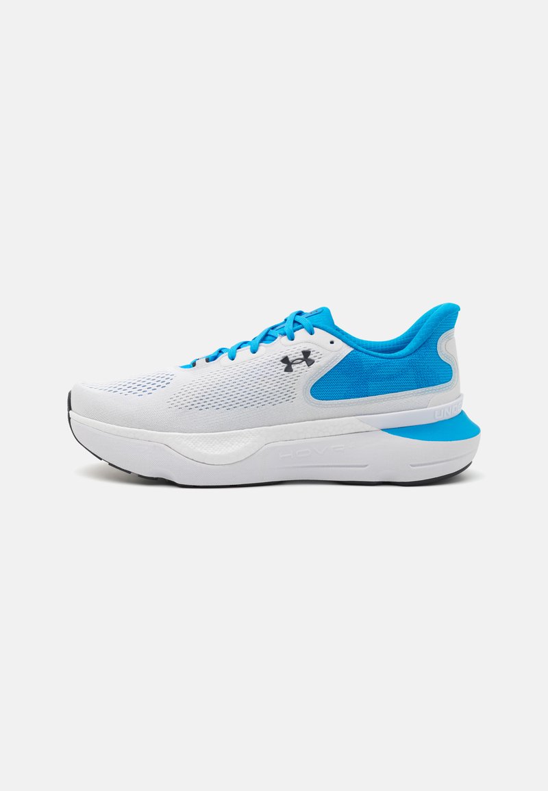 White athletic shoe with a breathable mesh upper, blue accents, and a thick white midsole. Features black rubber outsole for traction.