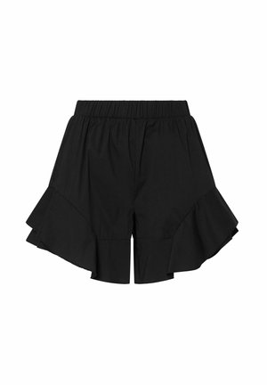 Black shorts with elastic waistband and asymmetrical layered ruffle details on the outer sides of each leg.