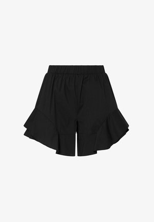 Sorte shorts med elastisk talje og asymmetriske lagdelte flæsedetaljer på ydersiden af hvert ben.