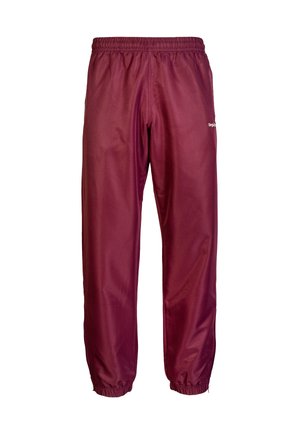 Bordeaux-trackpants gemaakt van een gladde, lichte stof, met een elastische tailleband en elastische boorden bij de enkels. Eenvoudig ontwerp met minimale details.