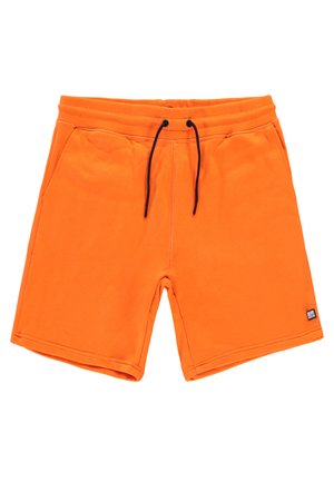 Oranger Sportshorts aus weichem Material mit einem Kordelzugbund, zwei seitlichen Taschen und einem kleinen Markenetikett auf der unteren linken Seite.