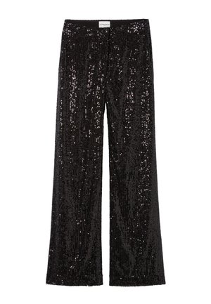 Pantaloni a gamba larga neri ricoperti di paillettes nere lucide, con un cinturino liscio e una vestibilità morbida lungo le gambe.