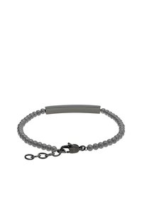 Bracciale di perline grigie con una piastra metallica liscia e angolare e chiusura a gancio a molla. Dettaglio della catena regolabile per una vestibilità personalizzata.