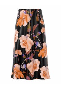 Falda negra con un gran estampado floral naranja, que presenta acentos en azul-verde. Confeccionada en una tela suave y brillante con un diseño acampanado.