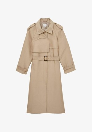Beige Trenchcoat mit tailliertem Gürtel, doppelreihiger Front, großem Kragen und Schulterklappen. Hergestellt aus glattem Stoff mit seitlichen Taschen.