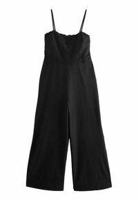 Combinaison noire à fines bretelles réglables, avec un motif floral brodé sur le bodice et une silhouette à jambe large.