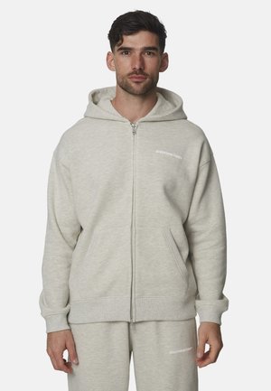 Man draagt lichtgrijze hoodie met rits en bijpassende joggingbroek met minimale witte tekst op de borst en dij, staand tegen een effen achtergrond.