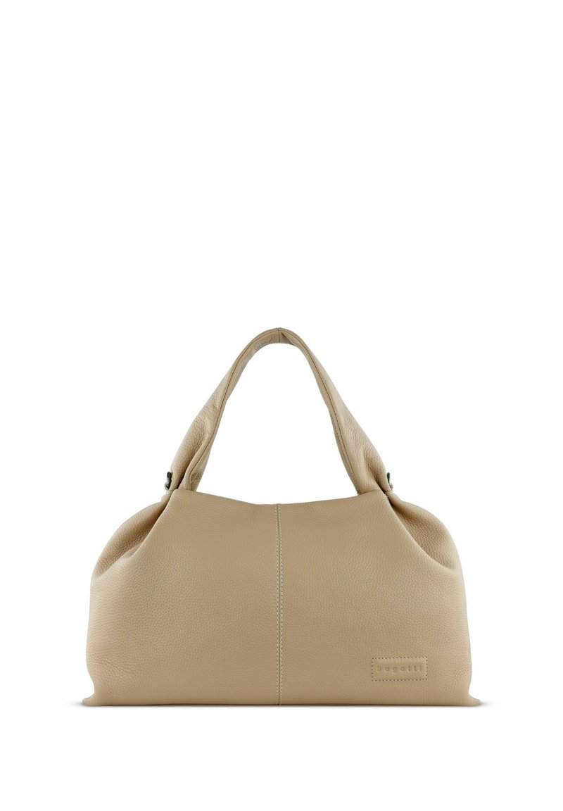 Beige Handtasche aus Leder mit glatter Textur, abgerundeter Form, kurzen Griffen und einer Naht-Detail – keine sichtbaren Beschläge oder Akzente.