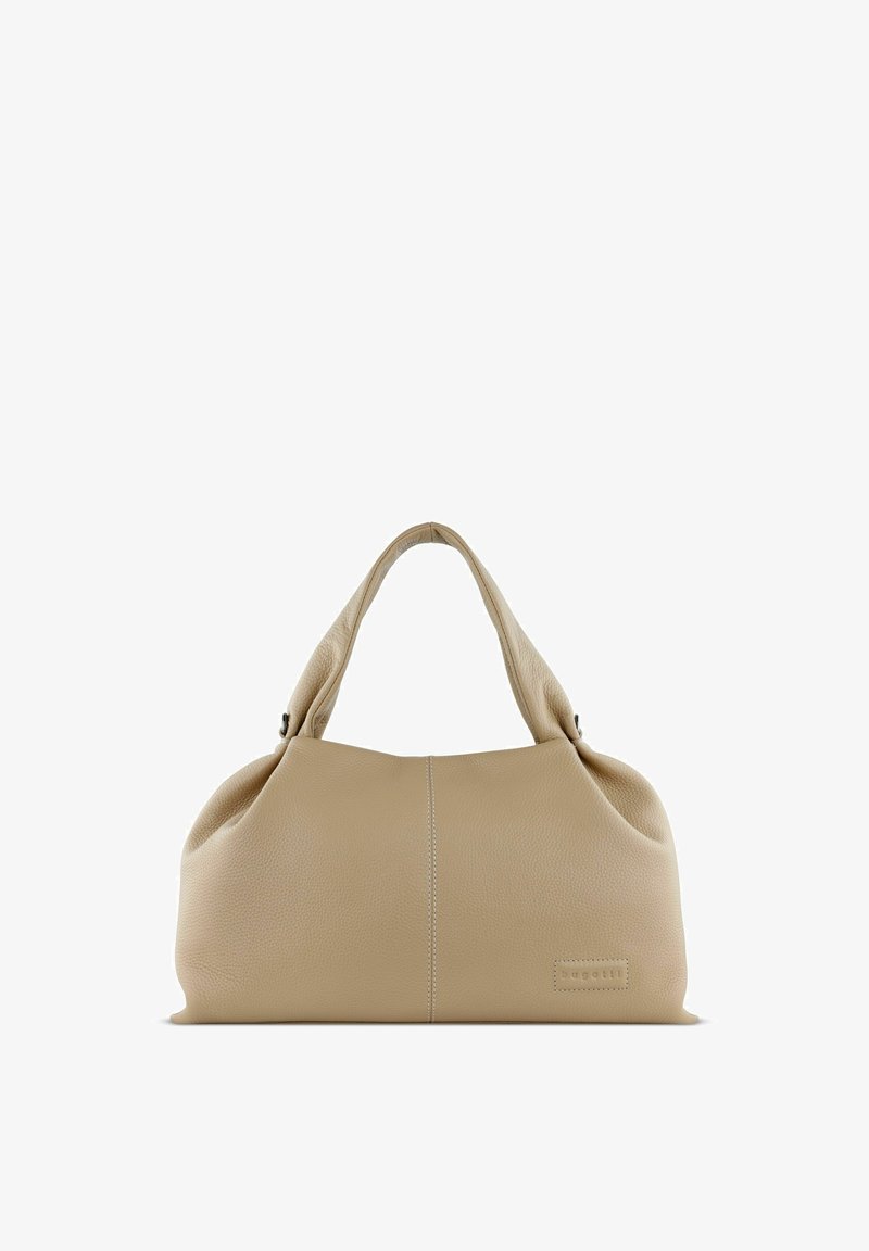 Beige Handtasche aus Leder mit glatter Textur, abgerundeter Form, kurzen Griffen und einer Naht-Detail – keine sichtbaren Beschläge oder Akzente.