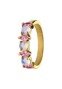 Gouden ring met drie ronde opaalstenen en twee marquise-vormige rozenstenen, allemaal gezet in gepolijst goudmetaal. Glad, afgerond bandontwerp.