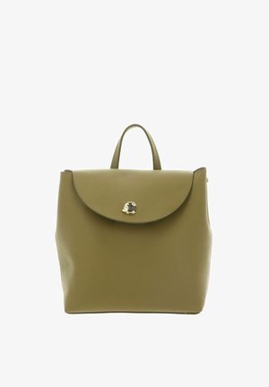 Olive green leather backpack with a rounded flap and gold circular clasp, featuring a small top handle.
