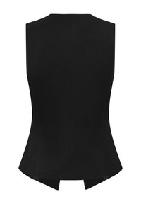 Veste noire cintrée vue de dos avec un léger évasement en bas et un décolleté droit.