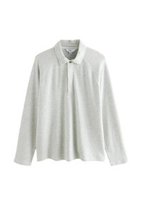 Lys grå langærmet polo t-shirt med ribbet krave, knaplukning og raglanærmer i et blødt, tekstureret stof.