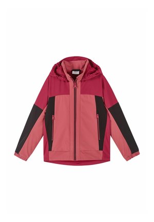 Kinder Outdoorjacke mit Kapuze, durchgehendem Frontreißverschluss, seitlichen Reißverschlusstaschen und Colorblock-Design in Pink- und Schwarztönen.