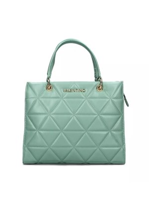 Borsa a tracolla verde menta trapuntata con motivo a diamante, hardware dorato e doppio manico. Presenta il logo "VALENTINO" sul davanti.
