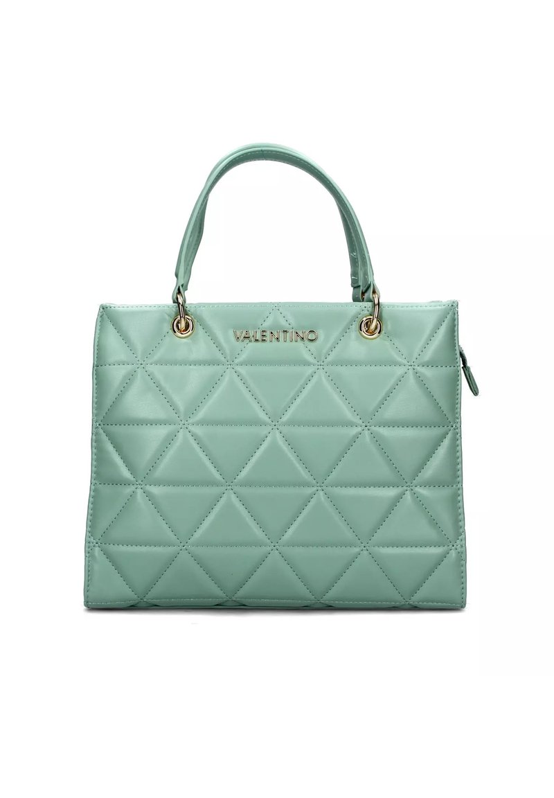Borsa a tracolla verde menta trapuntata con motivo a diamante, hardware dorato e doppio manico. Presenta il logo "VALENTINO" sul davanti.